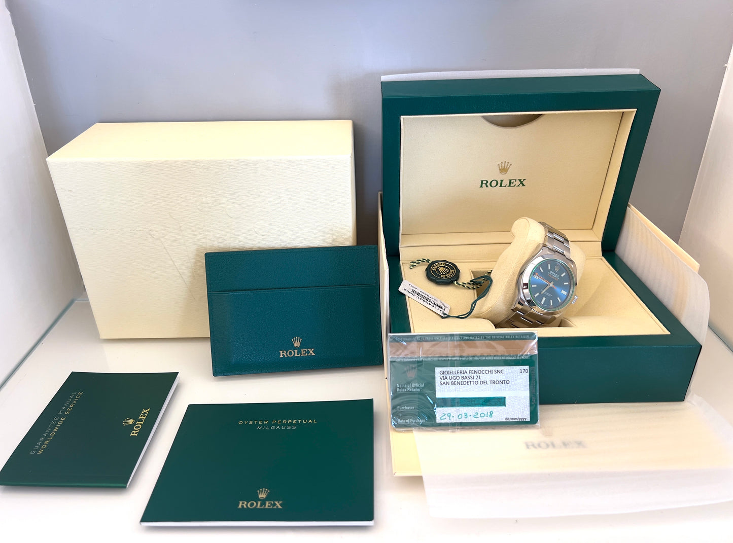 Rolex Milgauss 116400GV BLU vetro verde 2018 full set